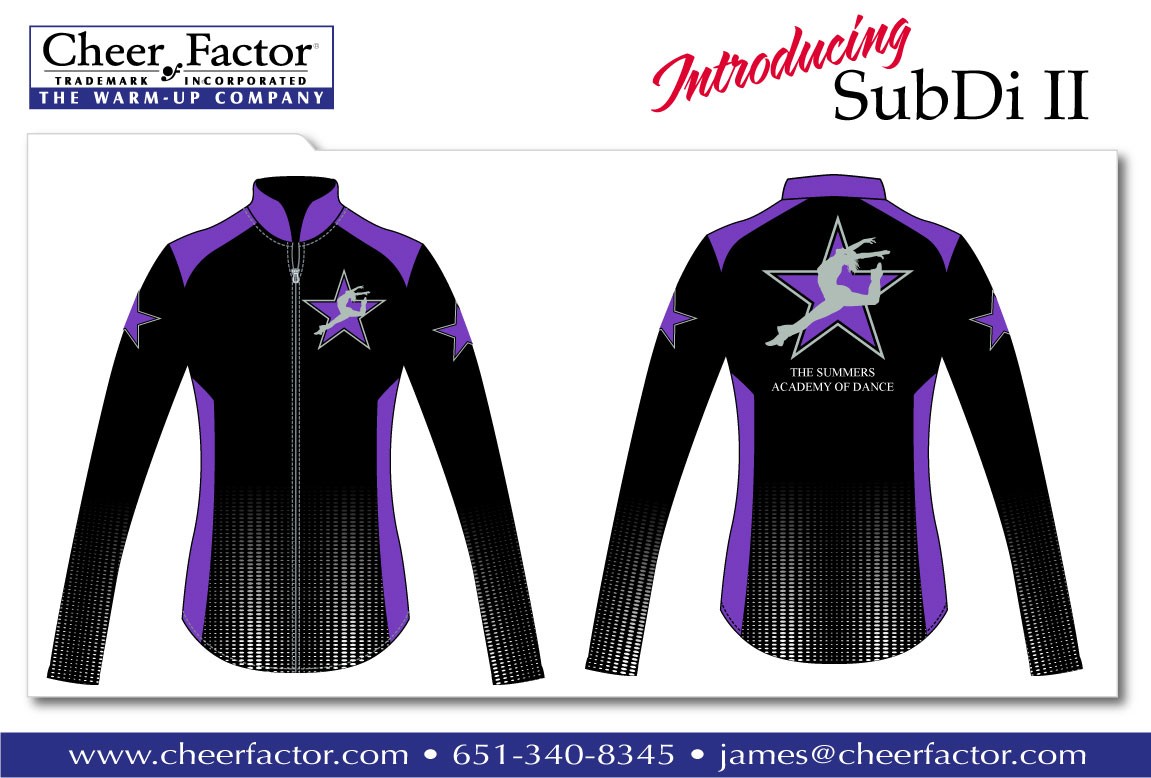 Sublimation at its finest shown is this Black, Purple, White and grey Dance Jacket by Cheer Factor Inc.