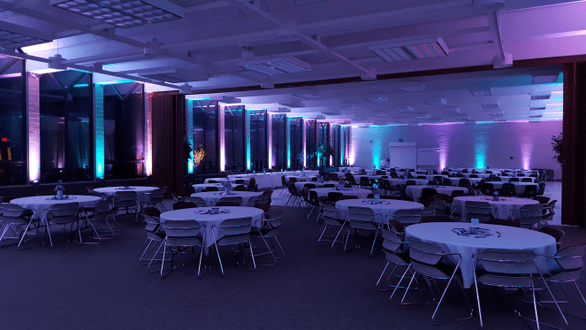 Marshall School cafeteria.
Wedding lighting in teal and lavender.
