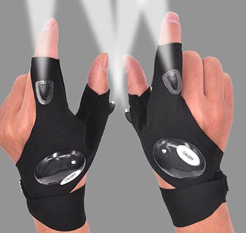 Perigo LED Flashlight Gloves are shown on someone's hand with lights on the gloves