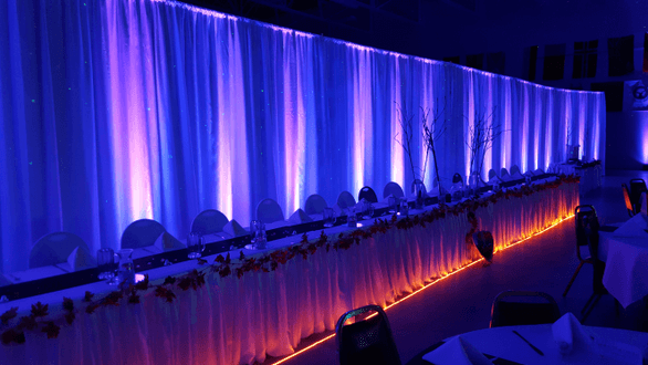 Wedding lighting by Duluth Event Lighting at the Eveleth Curling Club.