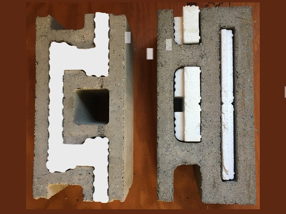 NRG 8" block, pictured at left, has zero thermal bridges, while Omni block, pictured at right,  has two thermal bridges in every block.
