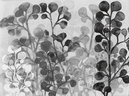 22" x 30"  black, white, silver and grey botanical monoprint