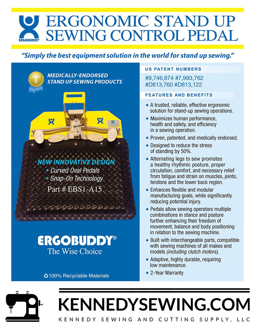 ERGOBUDDY PART # EBS1-A15
ERGONOOMIC PEDAL FOR STAND-UP SEWING OPERATION