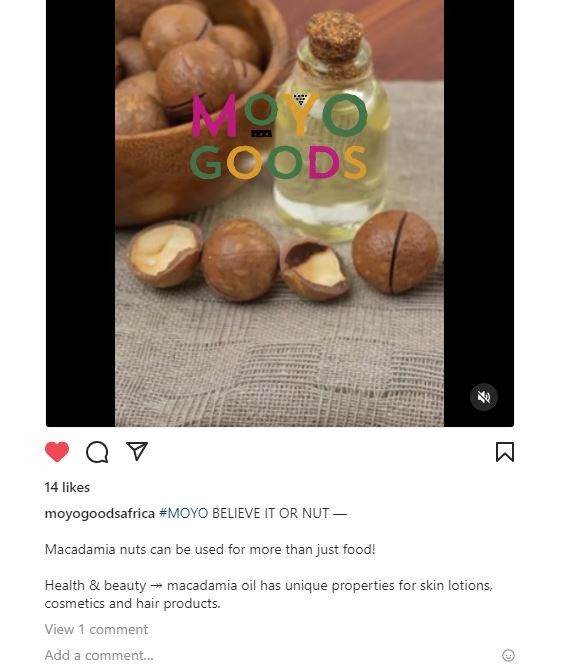 Screen shot of Moyo instagram post featuring "Believe It orNut," a feature JM created & named for their website. Image links to website, site copywriting by JM.
