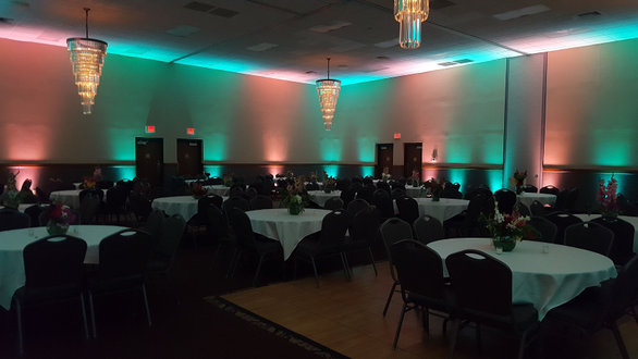 Wedding lighting in mint green and coral.