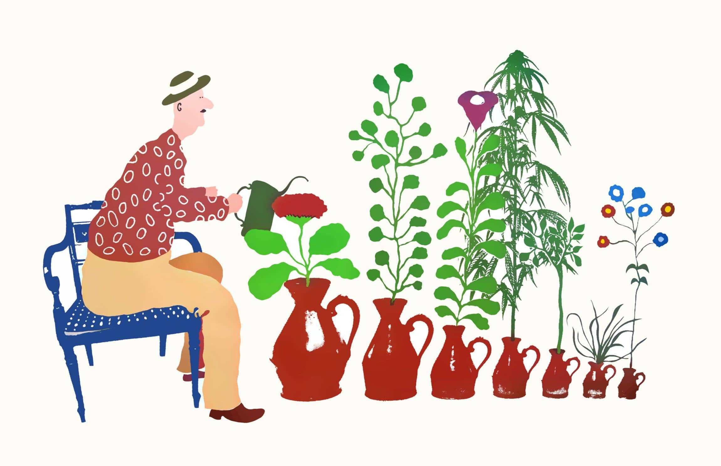 Art Of A Man Watering The Plants While Sitting