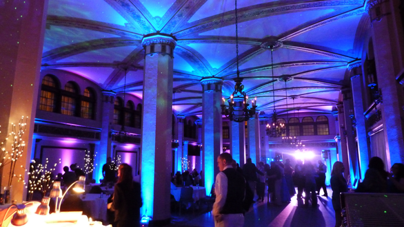 Wedding lighting in the Moorish Room. blue and purple up lighting with stars and Northern Lights dancing on the ceiling.