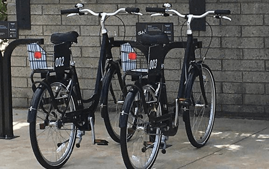 Bicycles docked to double bike racks