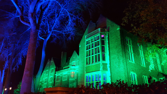 The Kitchi Gammi Club all lit up for Halloween.