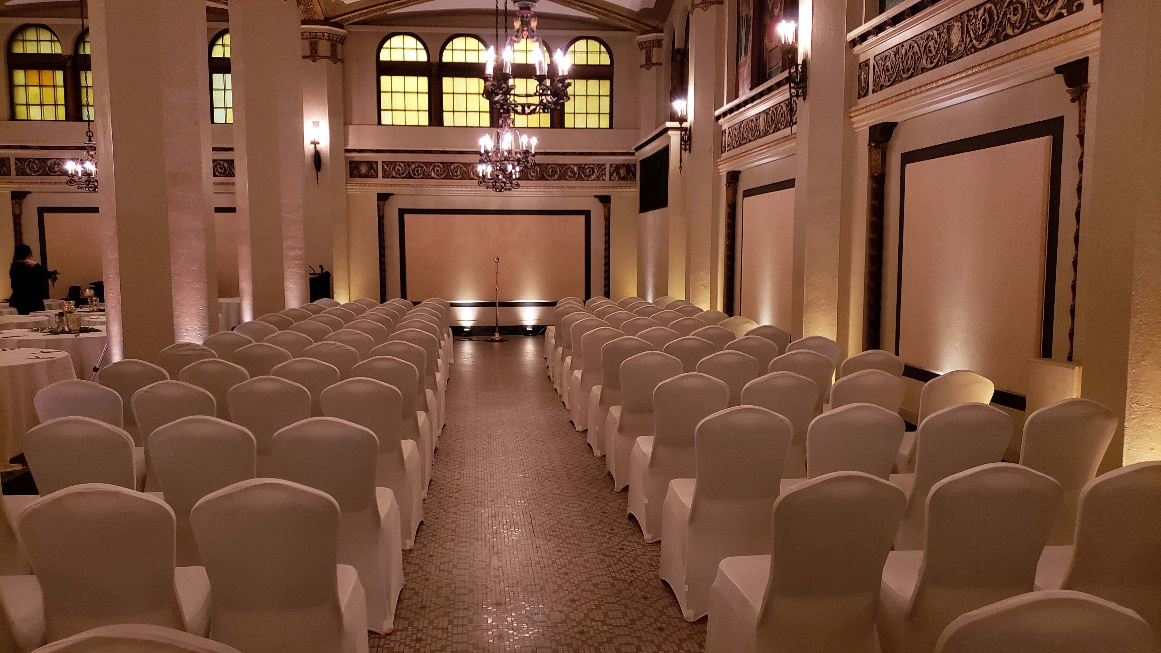 Wedding lighting in the Moorish Room at Greysolon Plaza. Up lighting in soft white and soft gold.