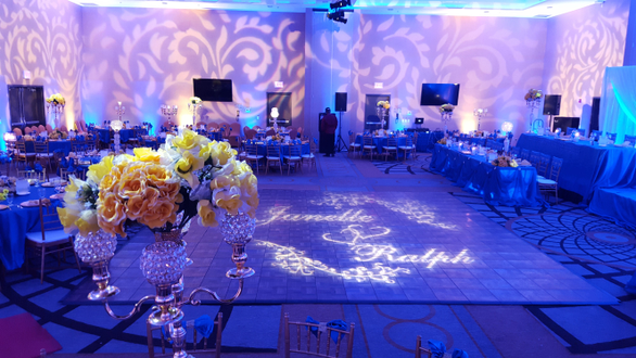 Wedding lighting in Fargo with gobos on the walls.