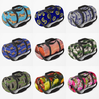 Duffle bags featuring art and photography by Jennifer Priester.