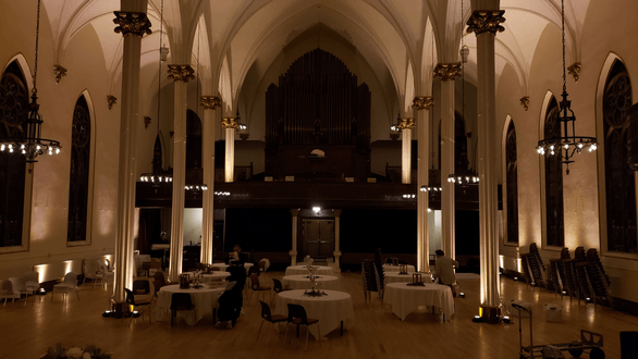 Sacred Heart Music Center,
Soft gold up lighting for a wedding.