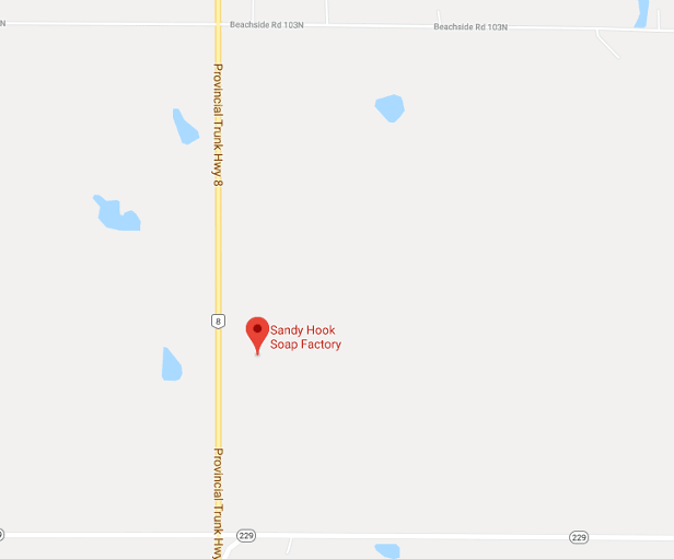 Sandy Hook Soap Factory location in R.M. of Gimli at 102061 Hwy 8, five minutes northwest of Winnipeg Beach and about ten minutes south of the town of Gimli. 