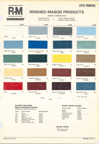 1978 Pontiac Paint Code and Color Chart