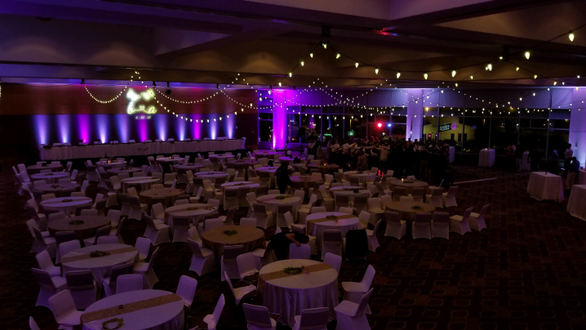 DECC,Harbor Side Ballroom. Wedding lighting in two tone lavender, bistro, wedding monorgam.