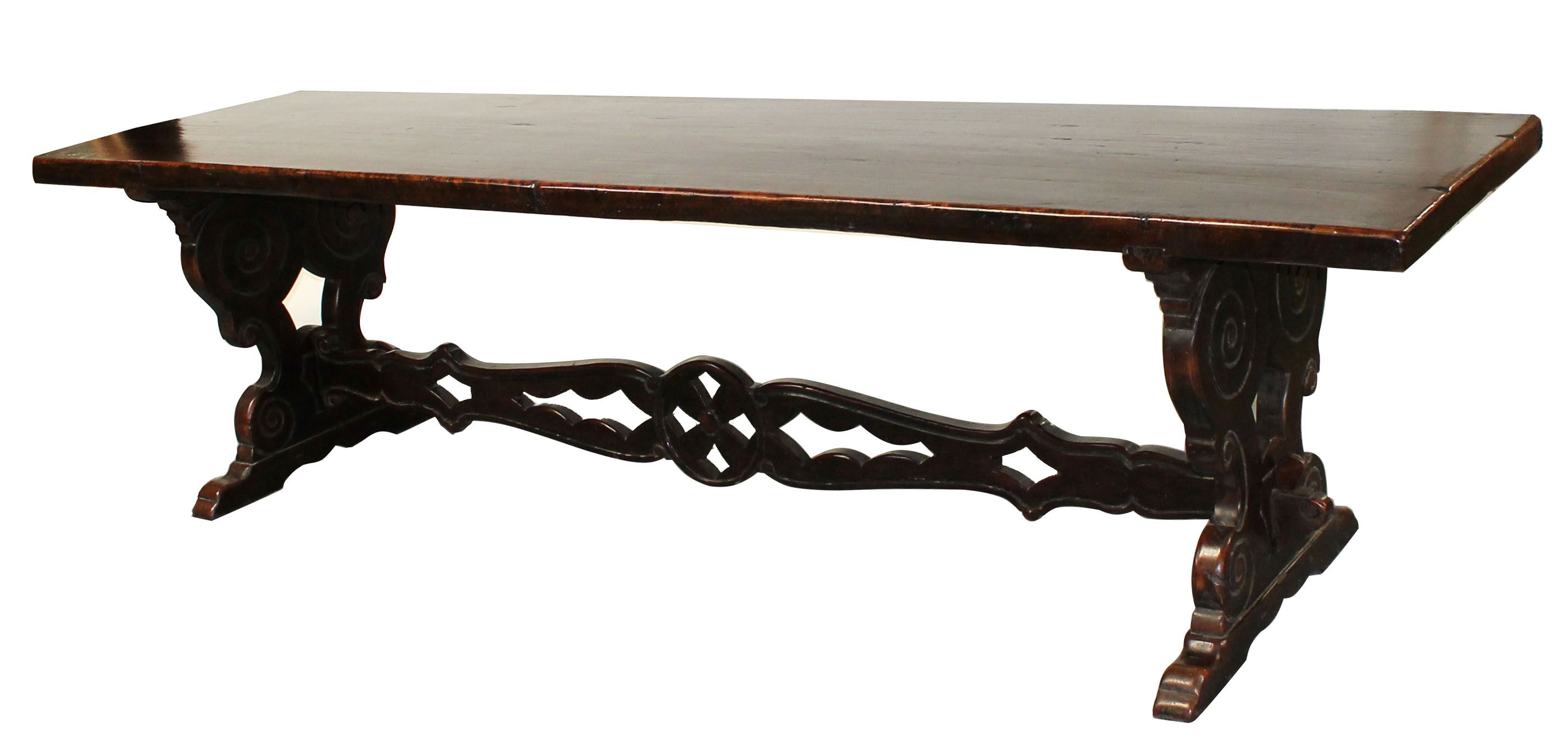 Tuscan walnut trestle table with pierce carved stretcher - 118"long
