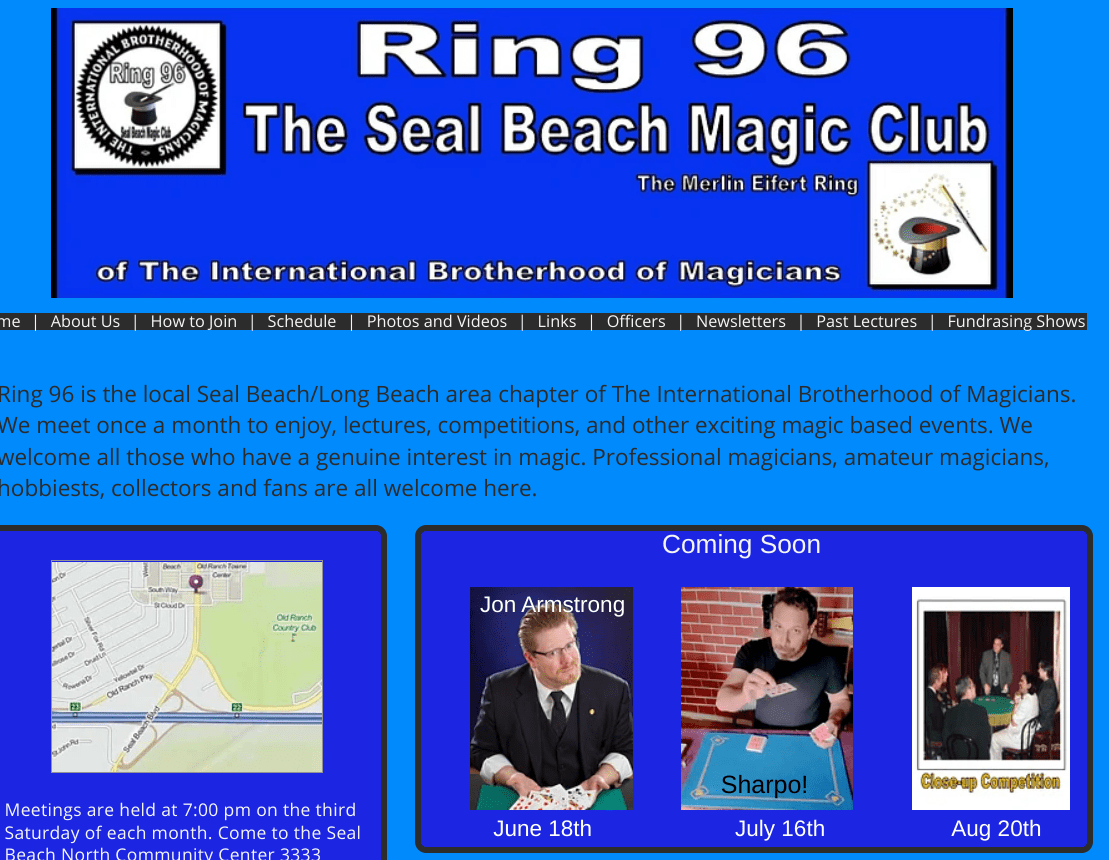 This is a screen grab of the website for International Brotherhood of Magicians Ring 96 website featuring Sharpo as guest magic lecturer.