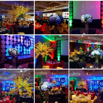 Colorful lighting at the DECC for a gala dinner. lighting by Duluth Event Lighting