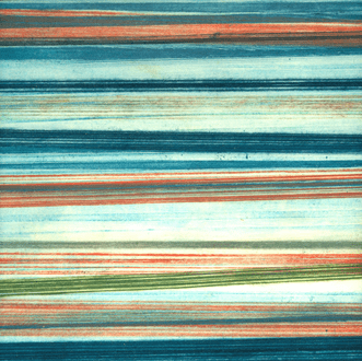 10 " x 10"colorful striped monoprint created using collagraph, drypoint, offset and ghost printing