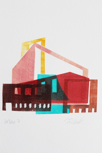 Colorful monoprint of buildings, whimsical layered city scene