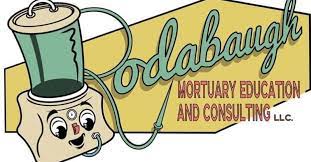 Logo for Rodabaugh Mortuary Education and Consulting LLC.  The logo has a smiling embalming tank to the left and the name of the company to the right in casket