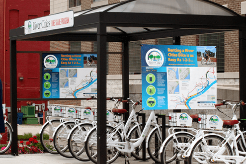 Bike Share system shelter with bicycles