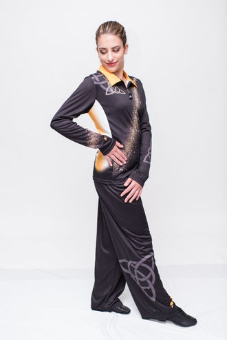 At Feis or Irish Dance Nationals, this star inspired custom irish tracksuit in black, gold white with a galaxie star pattern is in a class by itself.