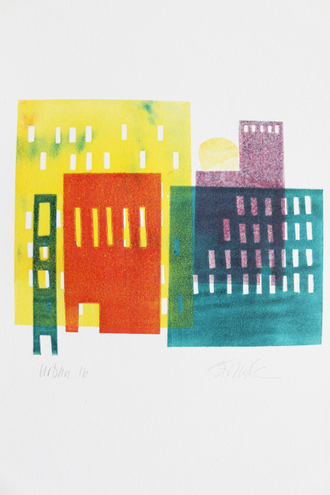 Colorful monoprint of buildings, whimsColorful monoprint of buildings, whimsical layered city sceneical layered city scene