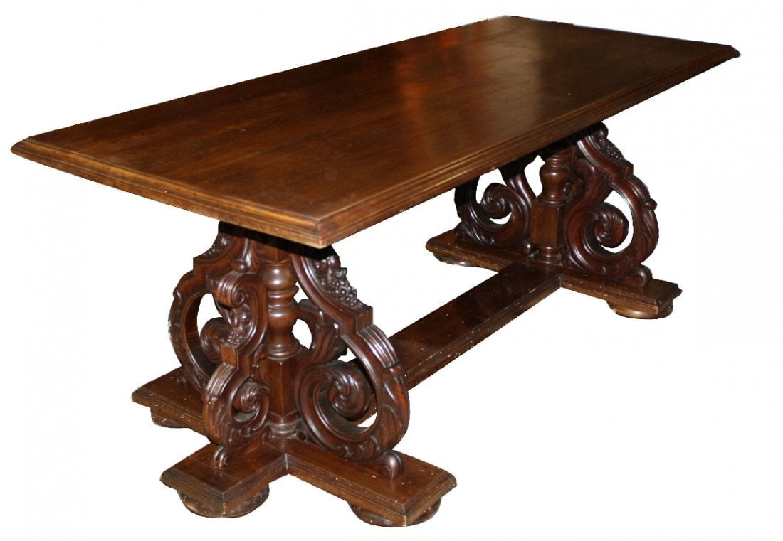 French Regency double pedestal dining table carved