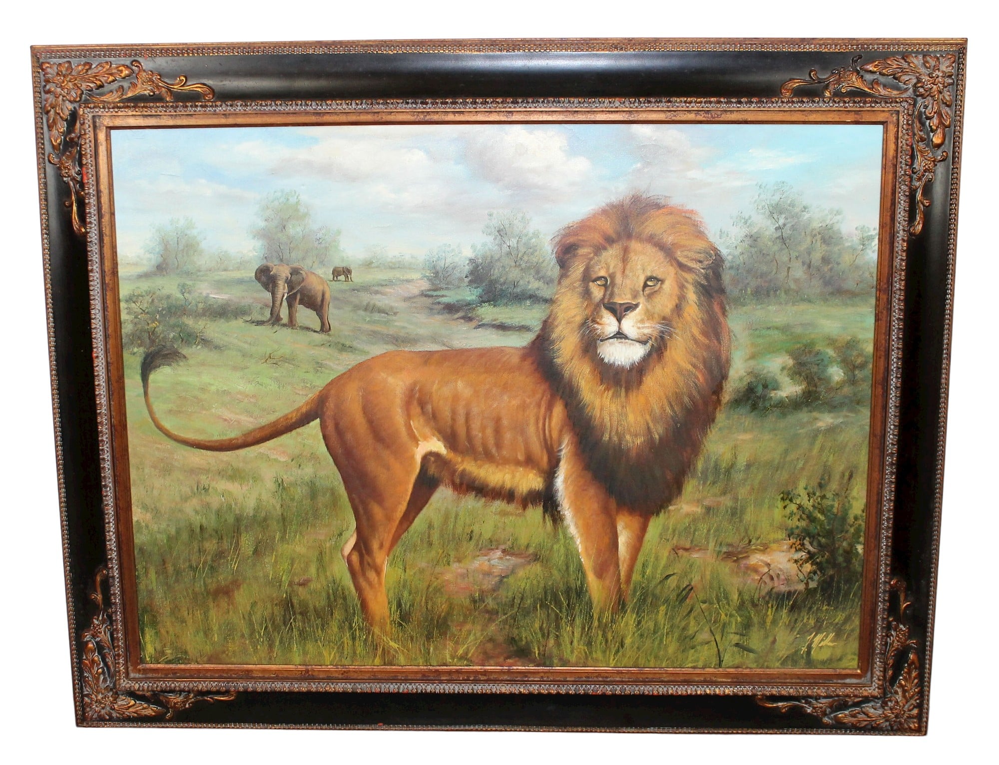Oil on canvas depicting lion in natural setting
