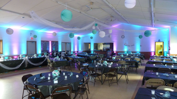 up lighting in teal and magenta at the Arrowhead Town Hall.
