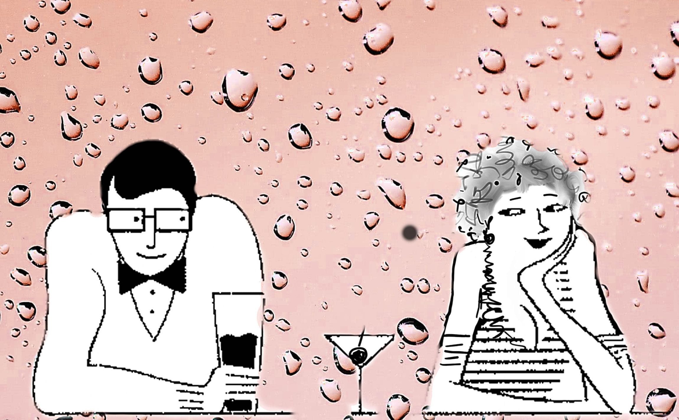 Man And Woman Drinking Line Art With Water Bubbles In The Background