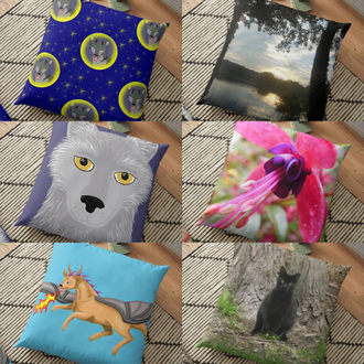 Floor pillows featuring art and photography by Jennifer Priester.