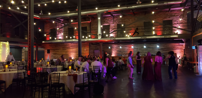 Clyde Malting Building wedding. Up lighting in blush pink and red.