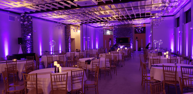 Duluth Event Lighting provides purple up lighting at the Pike Lake Golf Event Center