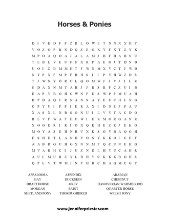 A word search puzzle featuring different kinds of horses and ponies Jennifer Priester has photographed.