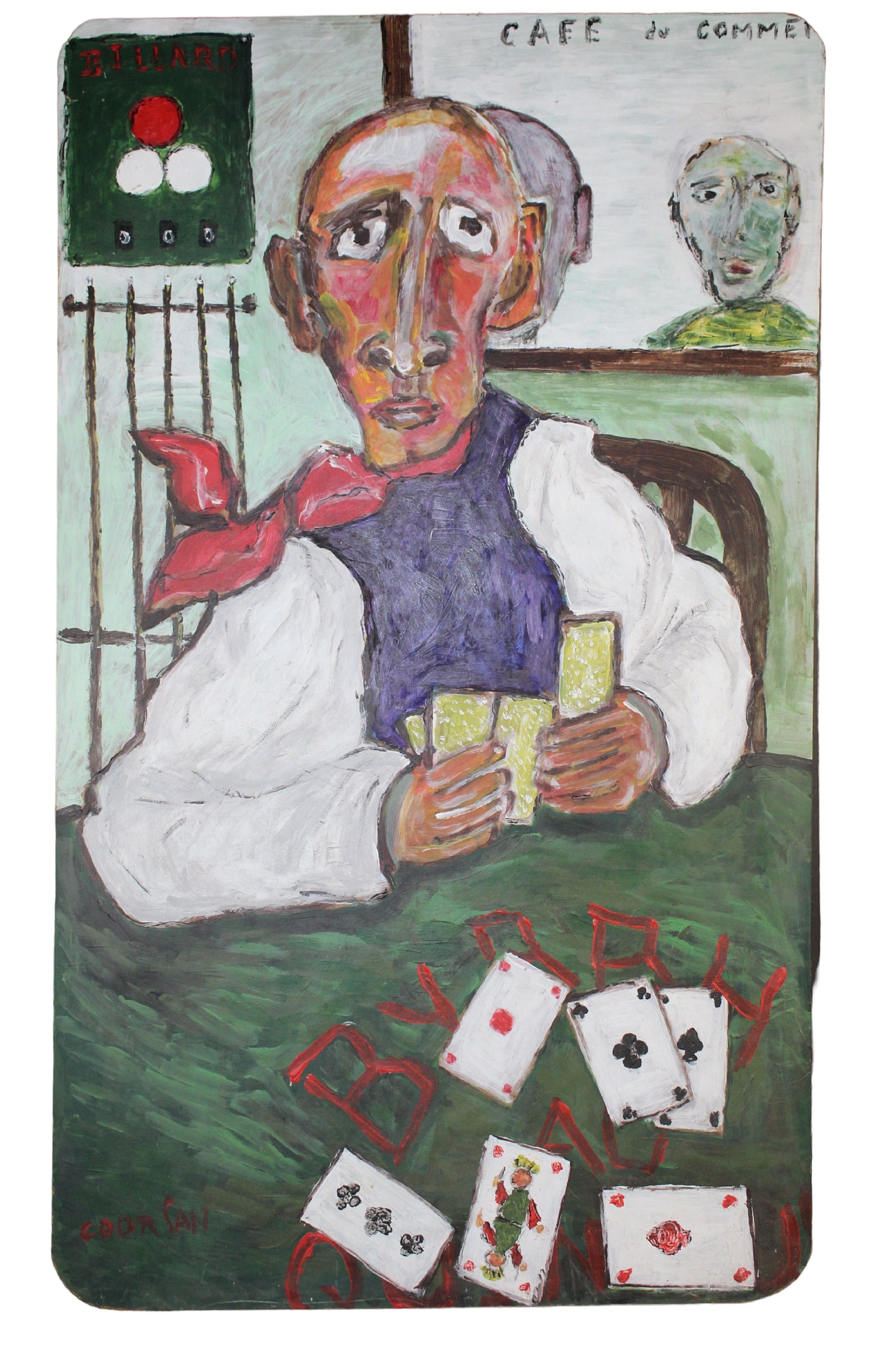 French Coursan oil on board painting of a card player