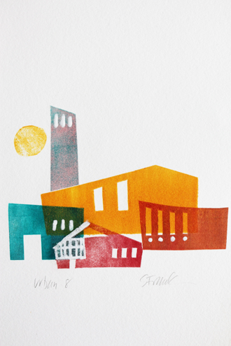 Colorful mixed media piece of buildings, whimsical layered city scene with the sun