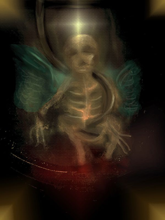 Acrylic painting os skeletal cherub.