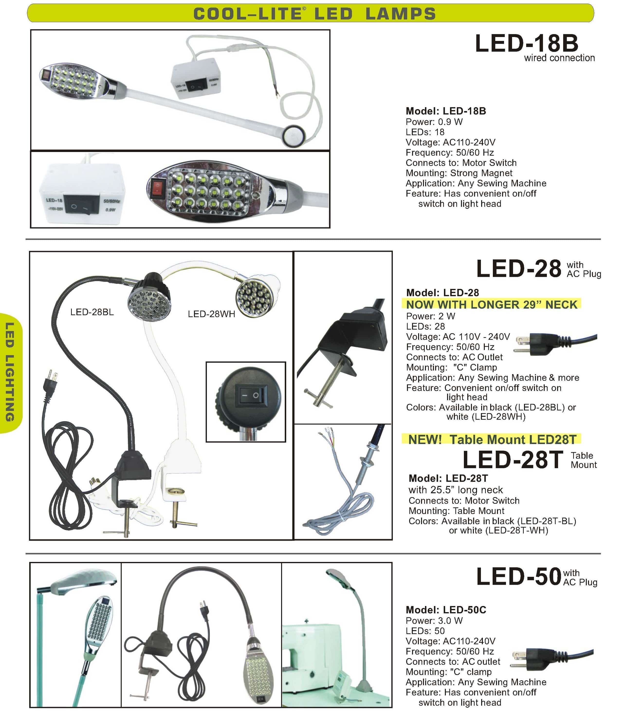 COOL-LITE LED LIGHTS and LAMPS: LED-18B, LED-28, LED-28T, LED-50
110 VOLTS