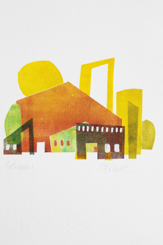 Colorful monoprint of buildings and the sun, whimsical layered suburban scene