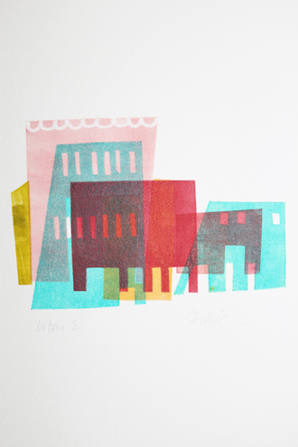 Colorful monoprint of buildings, whimsical layered city scene