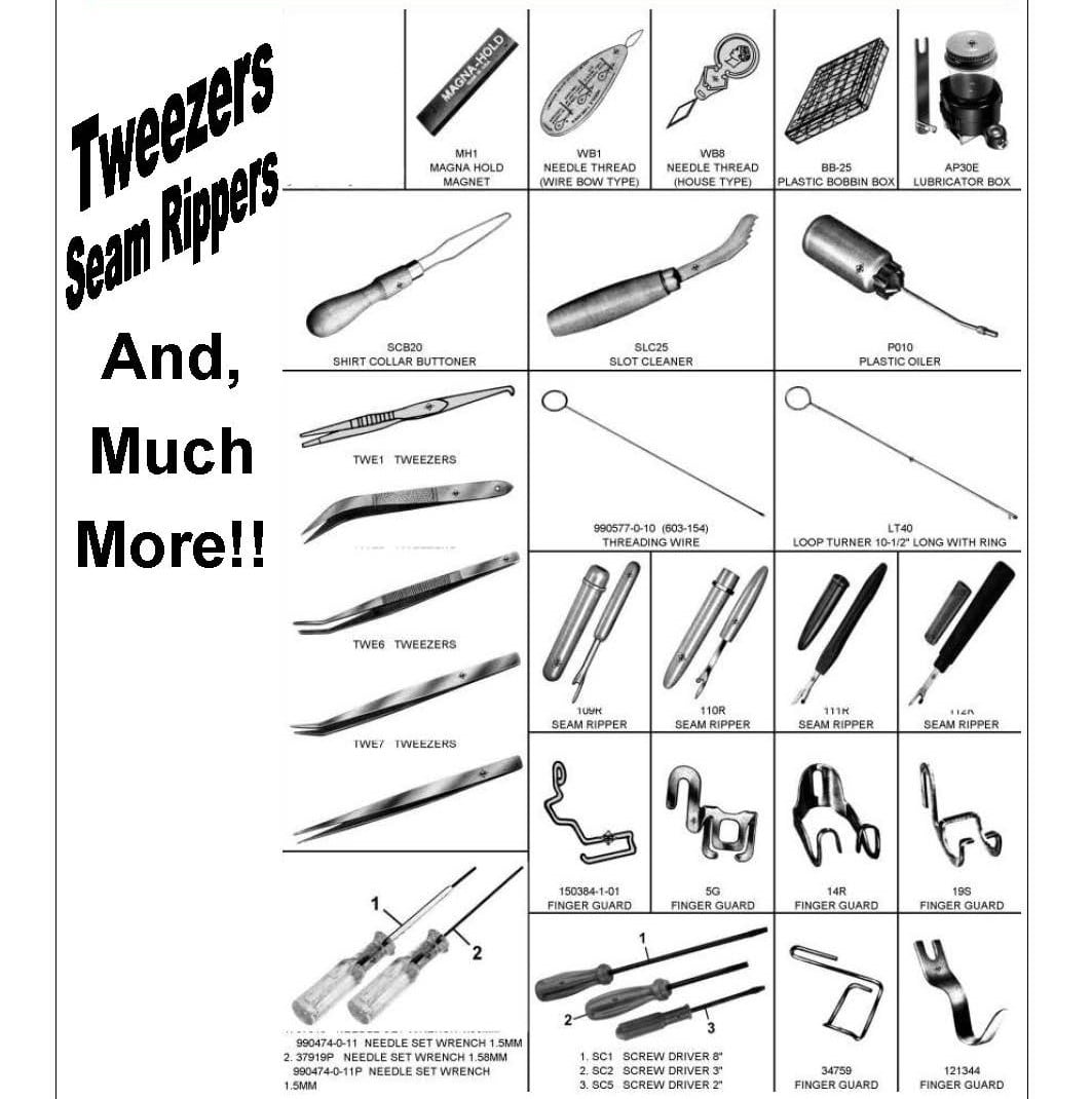 THREADING WIRE, TWEEZERS,
SLOT CLEANERS, SEAM RIPPERS, 
FINGER GUARD, SCEW DRIVERS,
LUBRICATION BOXES, BOBBIN STORAGE BOXES