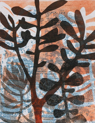 Botanical monoprint using stencil and polyester litho techniques in black, grey, russet and blue