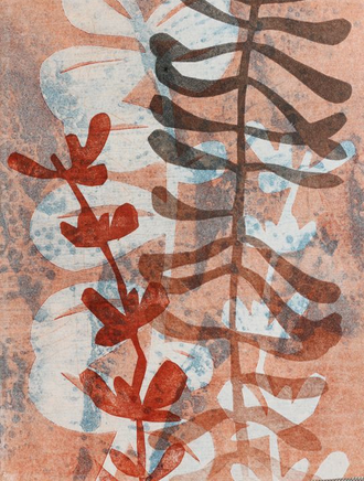 Botanical monoprint using stencil and polyester litho techniques in orange, black, white and blue