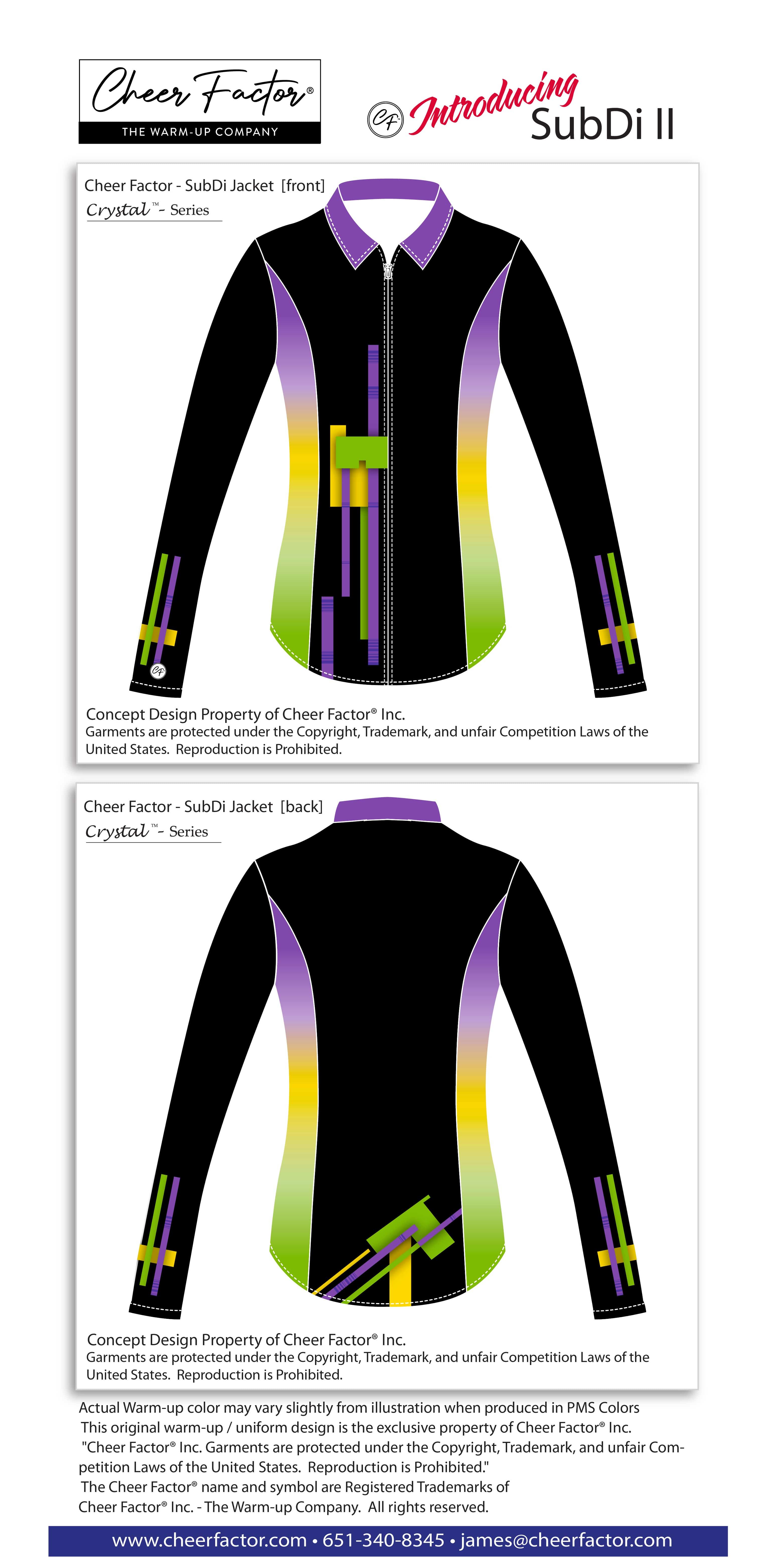 a unique modern design with ombre jacket side inserts. Overall black with purple, lime green and yellow graphics. Perfect for Dance or Gymnastics teams