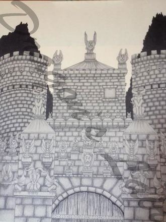 Black and white pencil drawing. Can you find the 50 gargoyles? 14x17. $20.
