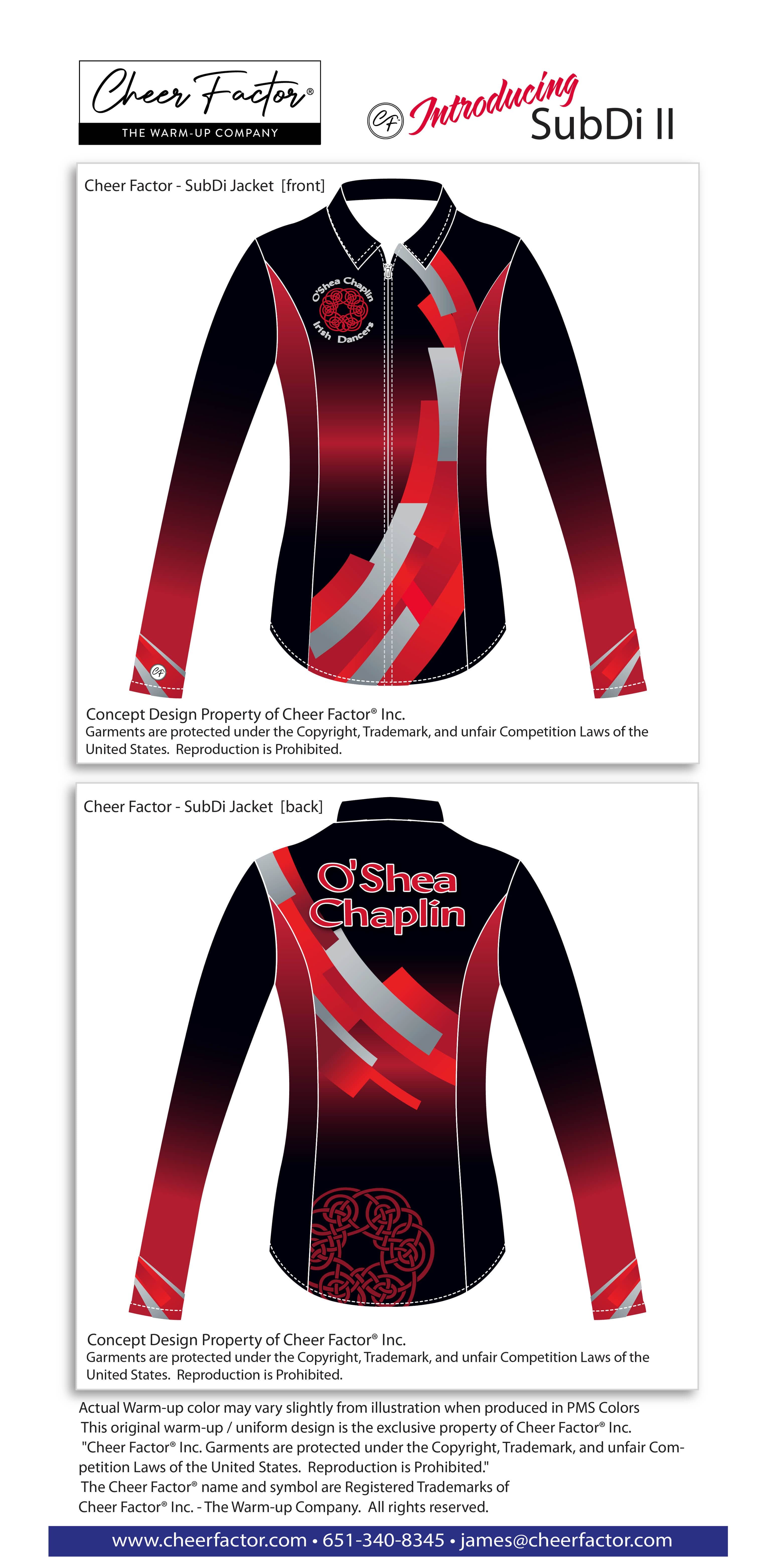 Color layering design in Red, Grey, White Red, and Back Warmup by Cheer Factor Irish Dance 