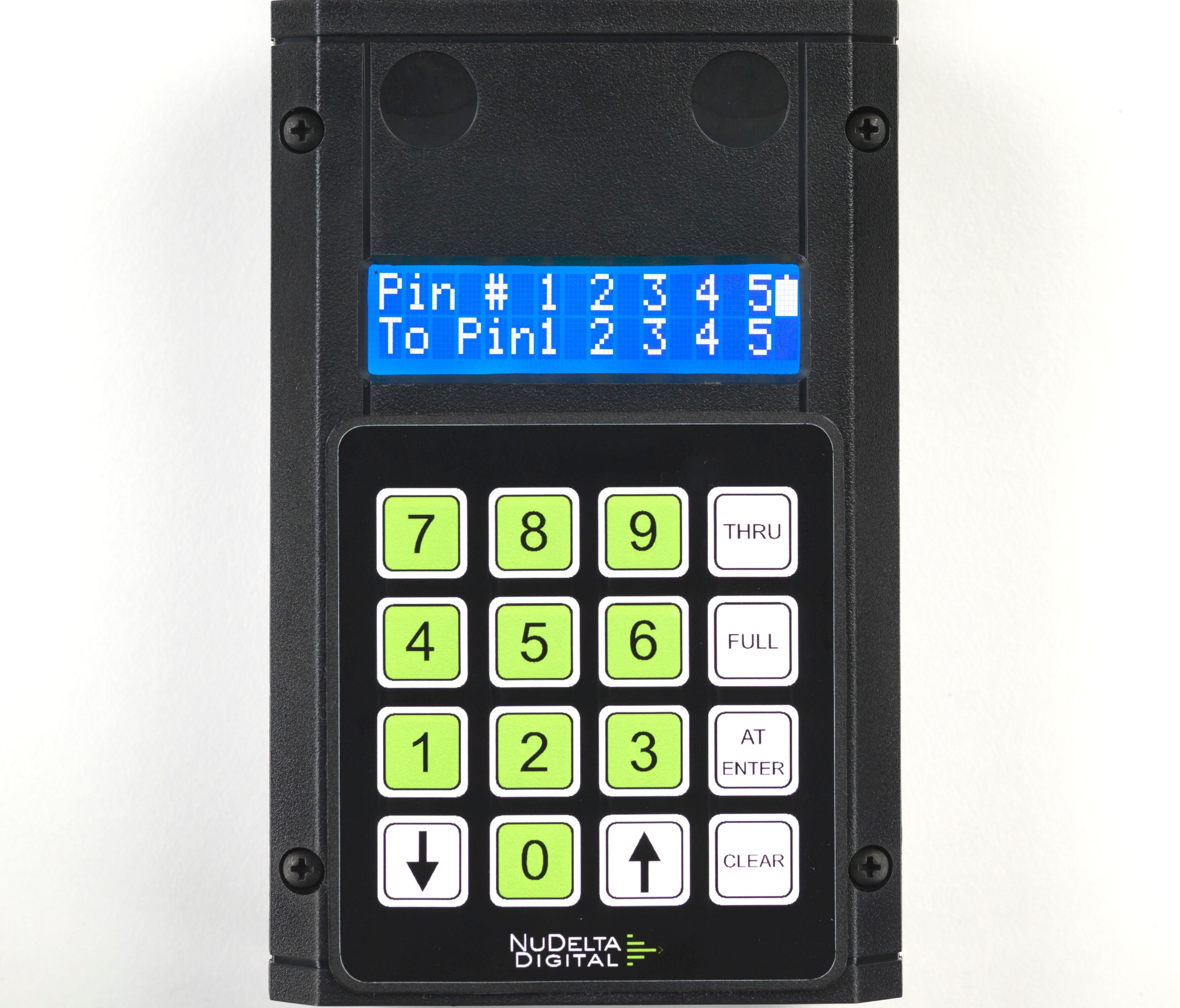 A picture of the DXT-1 DMX Tester with the screen illuminated showing that it is checking DMX cable.